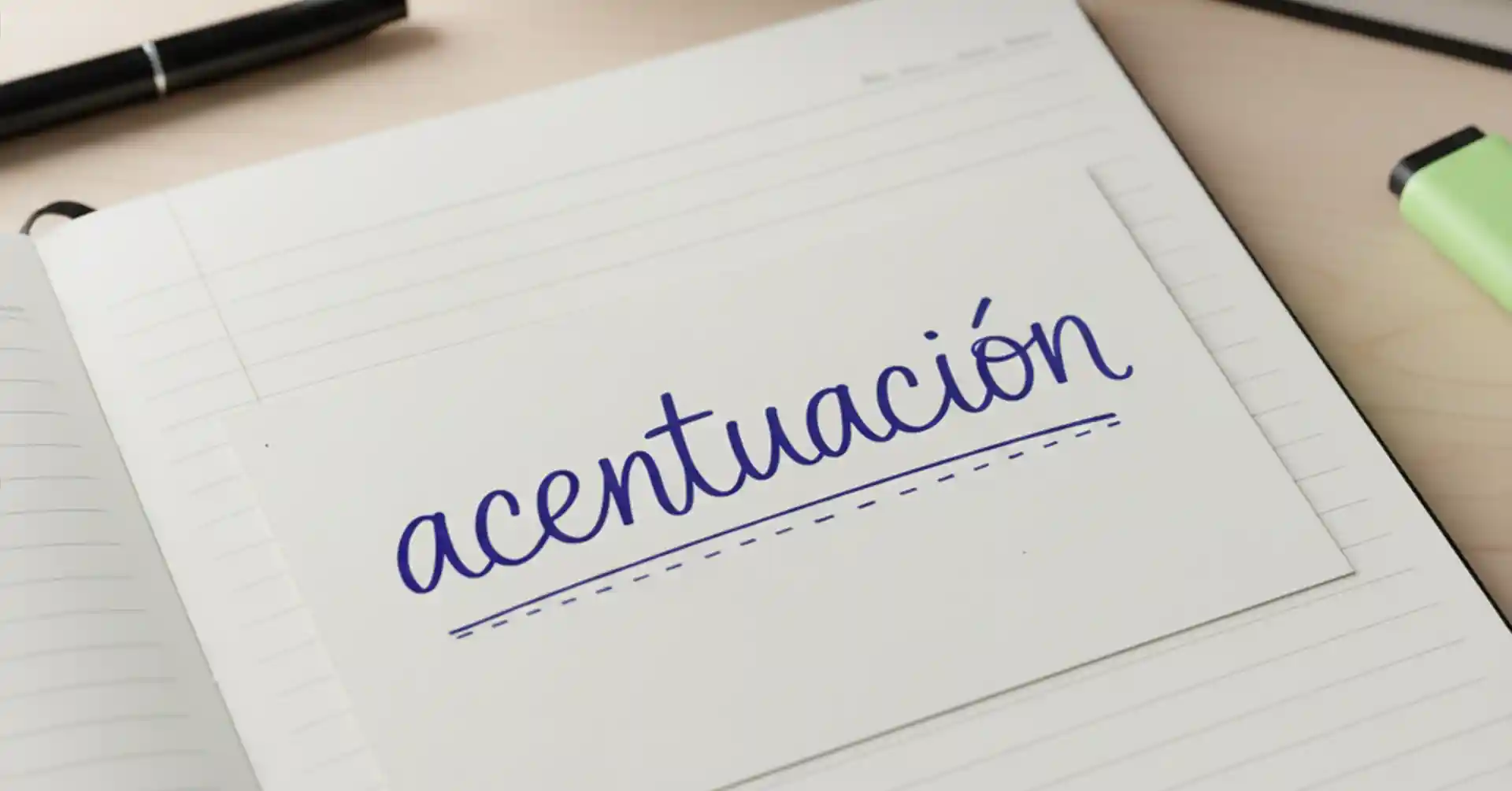 Palabra "acentuación" escrita a mano con tinta en un cuaderno de apuntes sobre un escritorio.